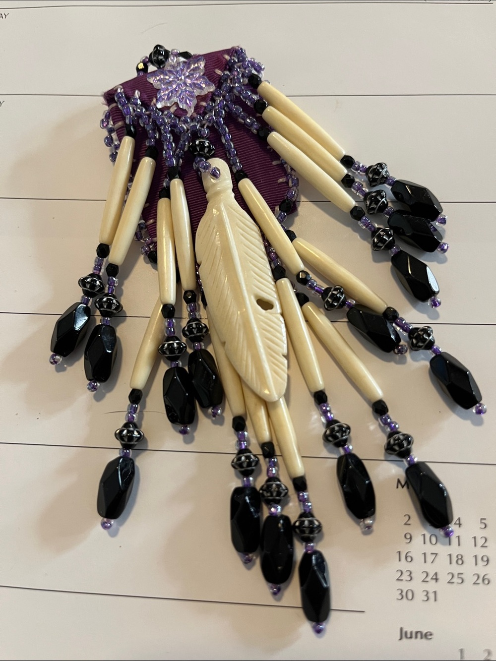 Purple Ribbon and Ivory Feather Beaded Fringe Brooch. Handmade in Alaska.